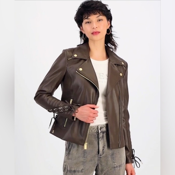 Guess Women's Black Faux Leather Moto Jacket with Gold Accents - Picture 3 of 9